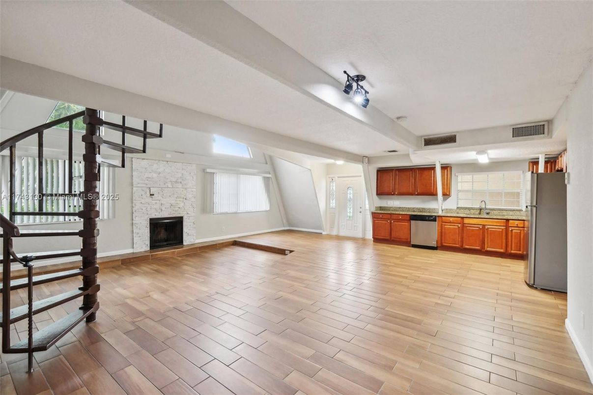 Fireplace, Interior, Kitchen, Stone Walls, Wood Texture Flooring