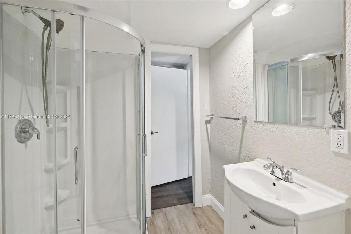 Bathroom, Glass Shower, Interior, Recessed Lighting, Wood Texture Flooring