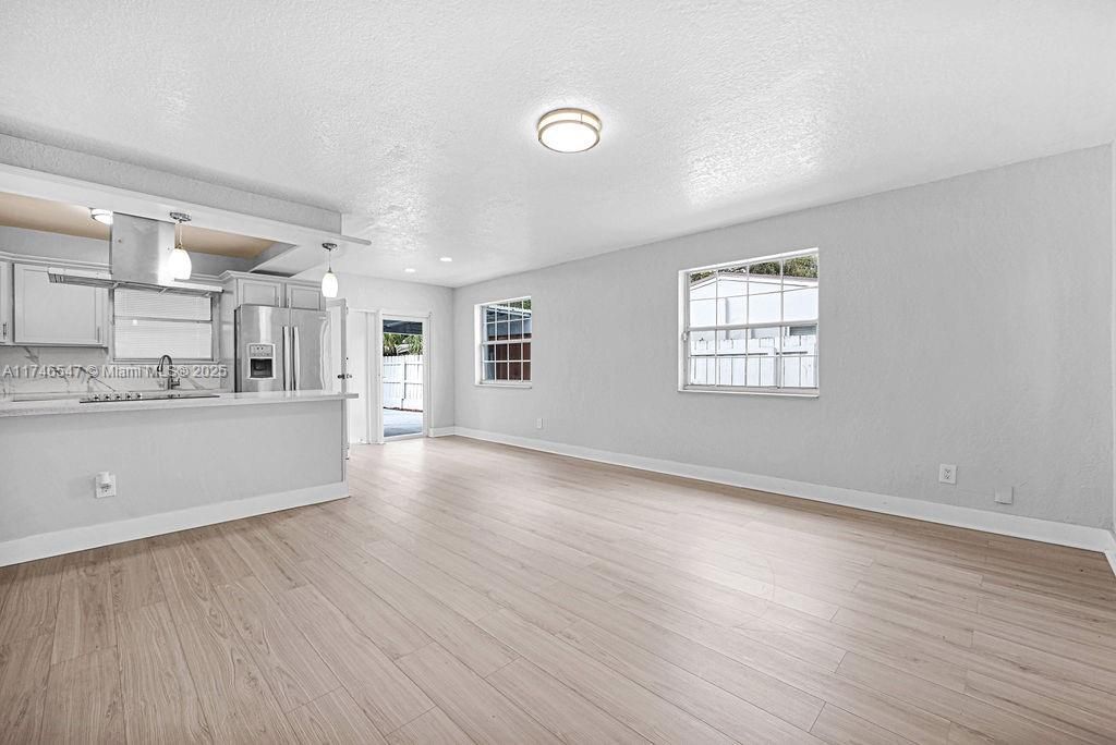 Empty room, Interior, Kitchen, Recessed Lighting, Wood Texture Flooring