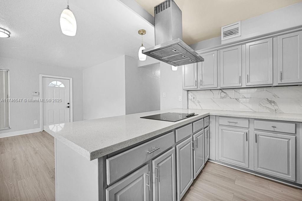 Interior, Kitchen, Marble Walls, Pendant Lights, Wood Texture Flooring