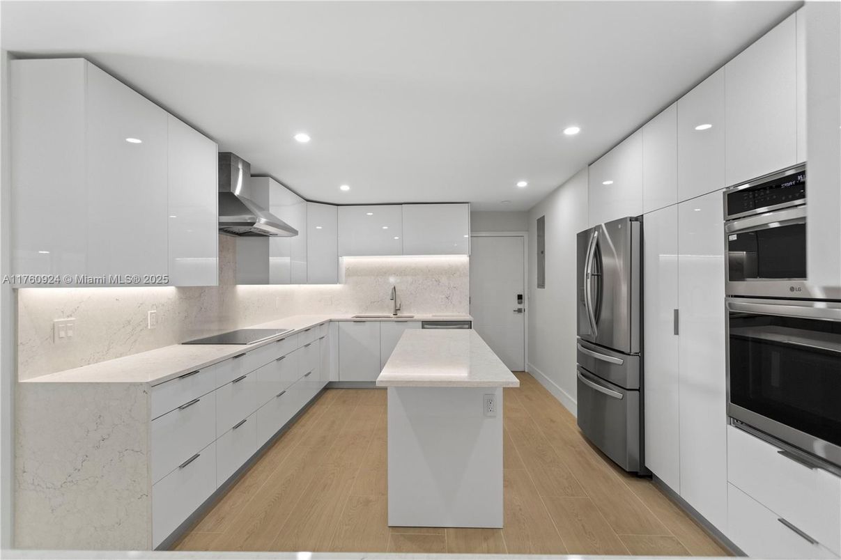 Interior, Kitchen, Recessed Lighting, Stainless Steel Appliances, Wood Texture Flooring
