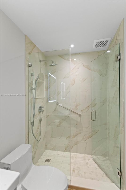 Bathroom, Glass Shower, Interior, Marble Walls, Recessed Lighting