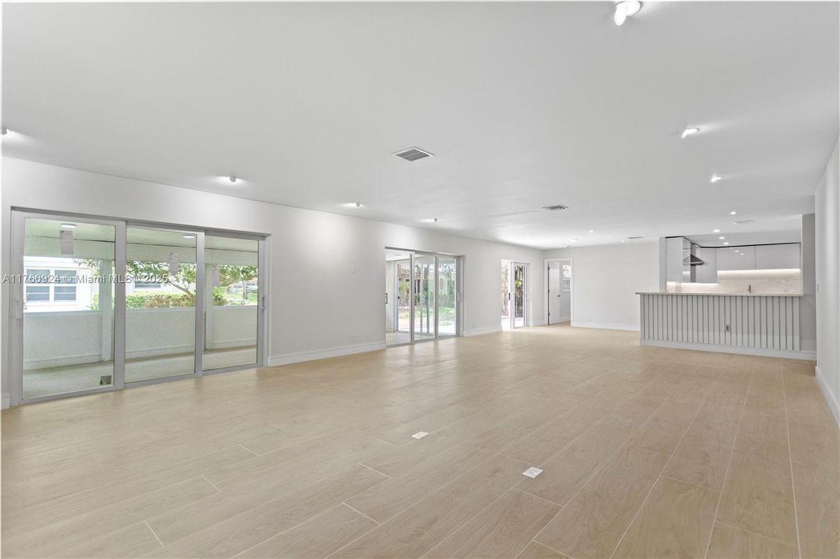 Empty room, Interior, Kitchen, Recessed Lighting, Wood Texture Flooring