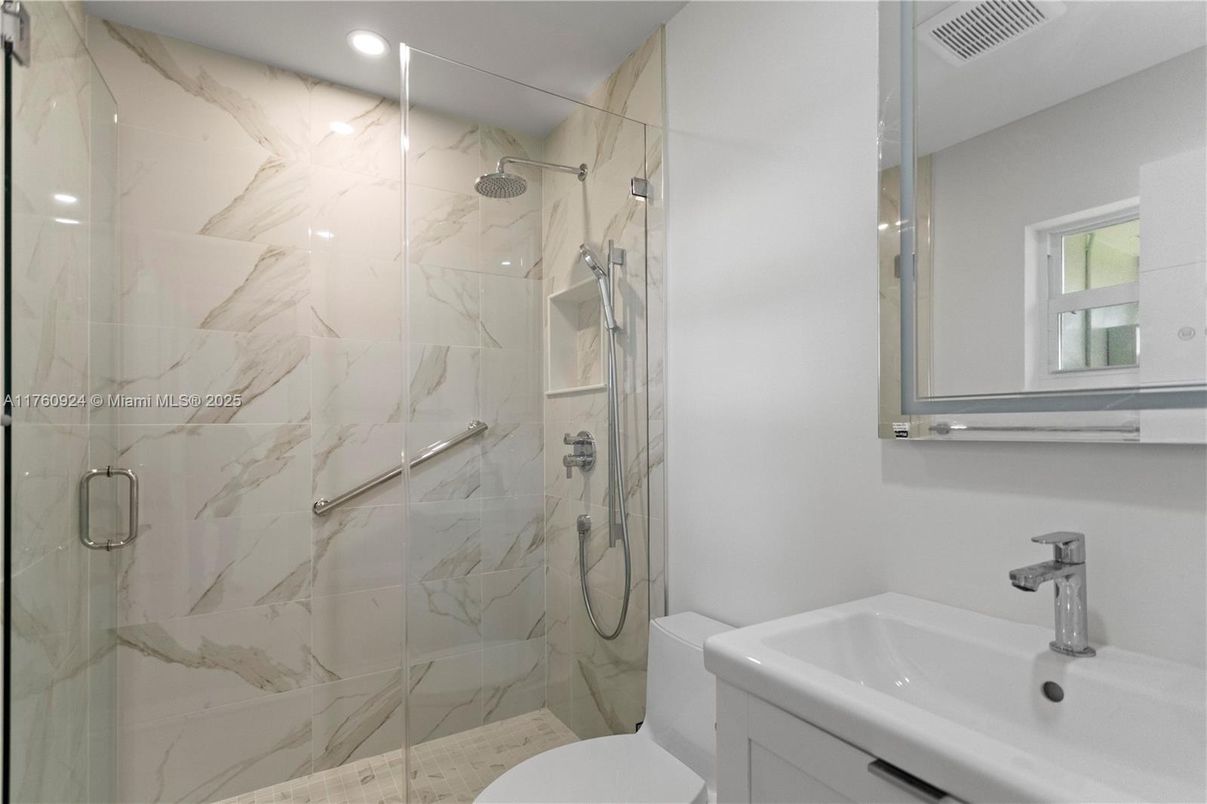 Bathroom, Glass Shower, Interior, Marble Walls, Recessed Lighting
