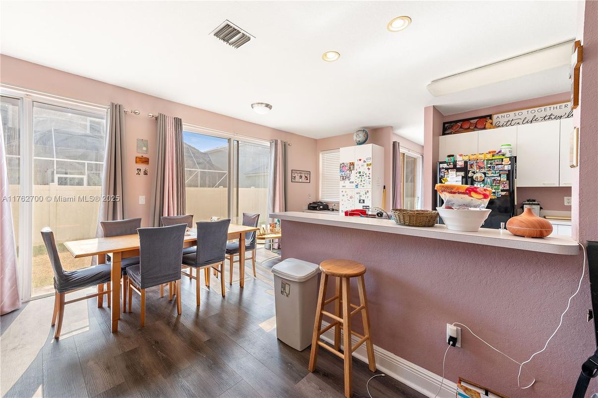 Dining room, Interior, Recessed Lighting, Wood Texture Flooring