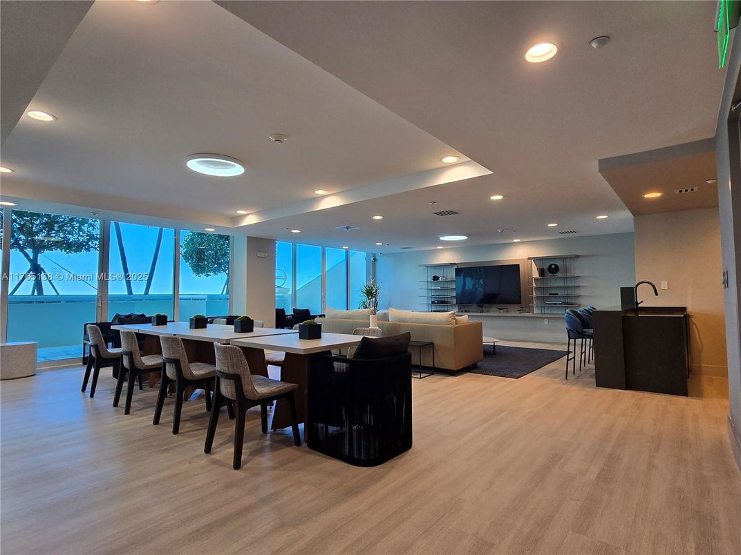 Dining room, Interior, Living room, Recessed Lighting, Water, Wood Texture Flooring