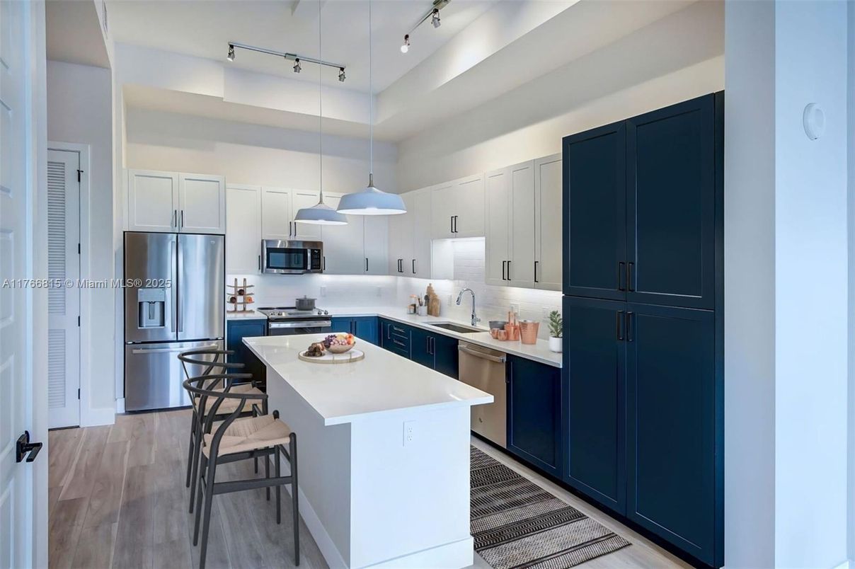 Interior, Kitchen, Pendant Lights, Stainless Steel Appliances, Wood Texture Flooring