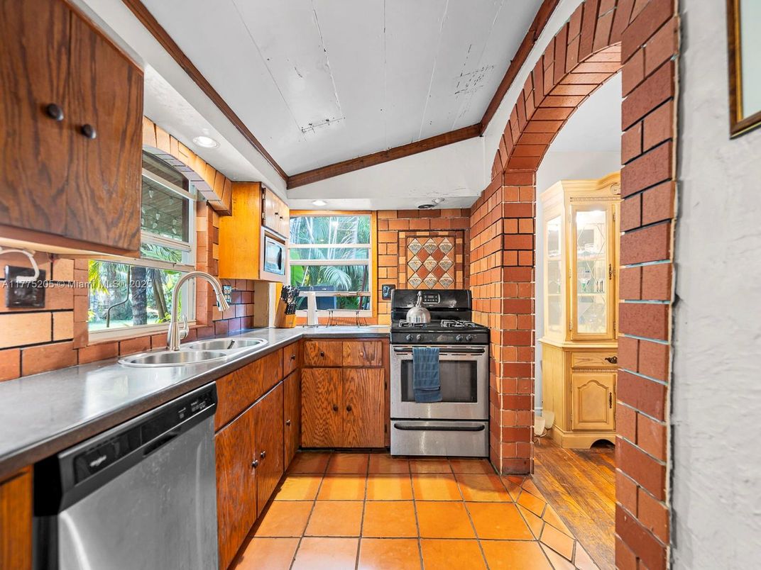 Interior, Kitchen, Recessed Lighting, Stainless Steel Appliances, Stone Walls, Wood Texture Flooring