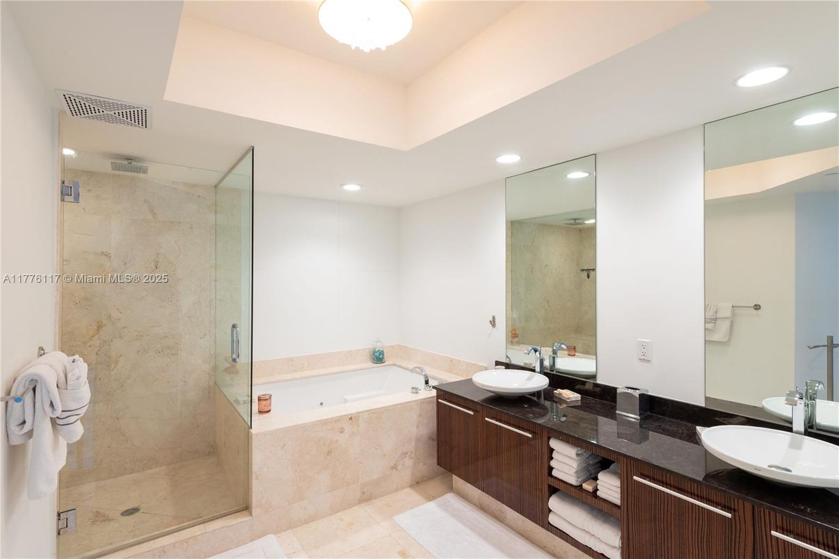 Bathroom, Dual Sink Vanities, Glass Shower, Interior, Recessed Lighting