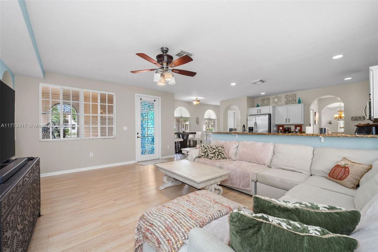 Interior, Kitchen, Living room, Recessed Lighting, Stainless Steel Appliances, Wood Texture Flooring