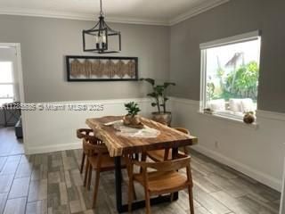 Dining room, Interior, Pendant Lights, Wood Texture Flooring
