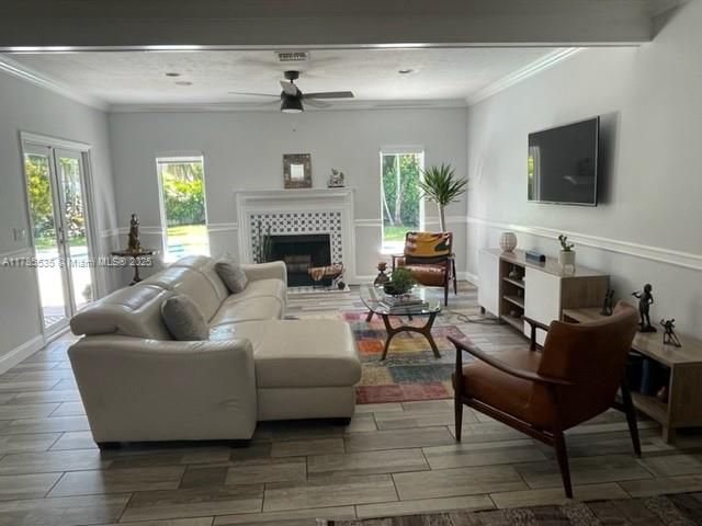 Fireplace, Interior, Living room, Recessed Lighting, Wood Texture Flooring