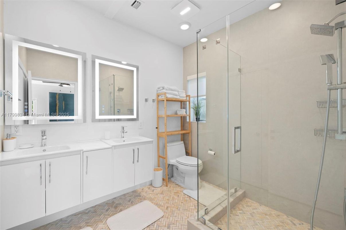 Bathroom, Dual Sink Vanities, Glass Shower, Interior, Recessed Lighting