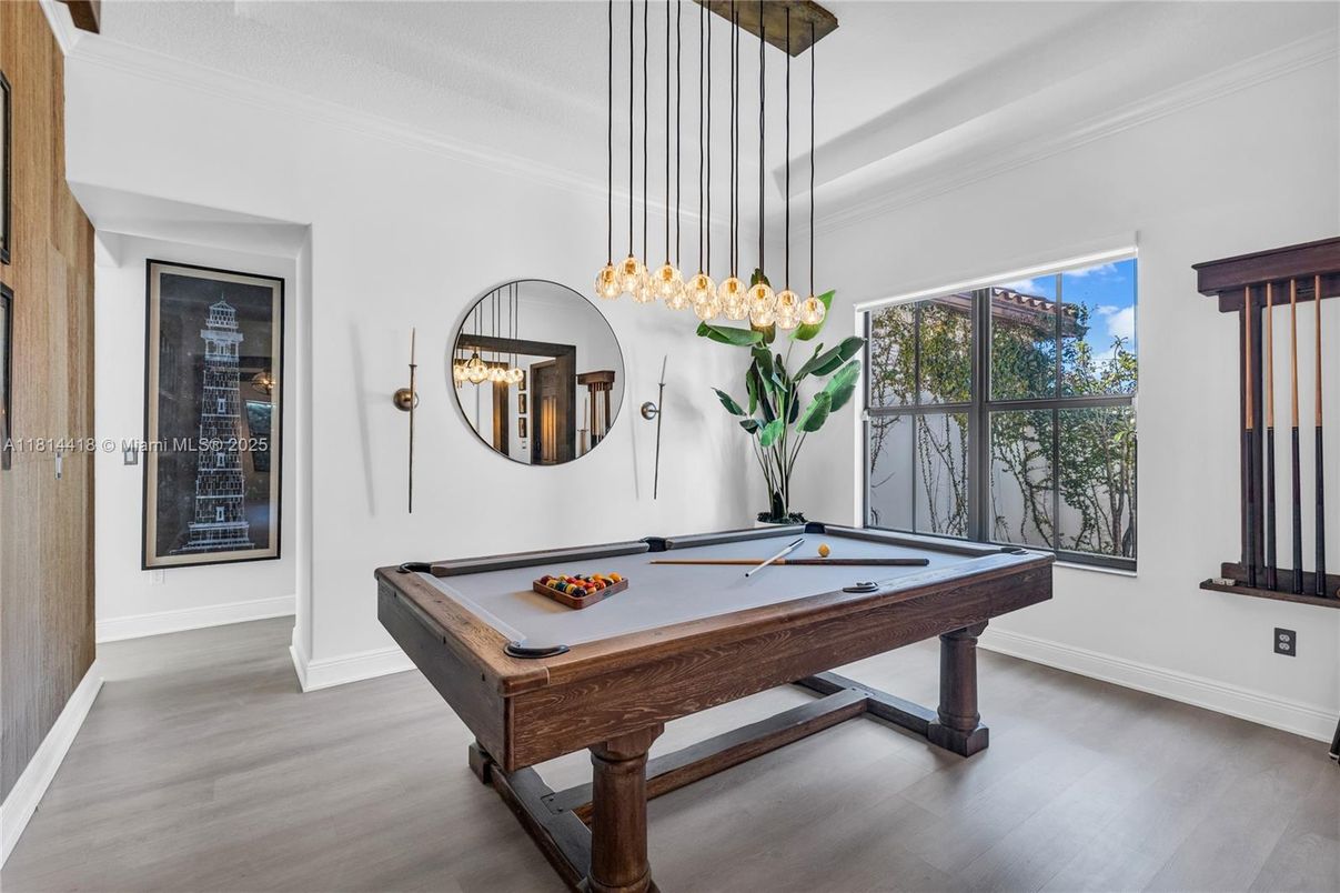 Billiard Table, Game Room, Interior, Pendant Lights, Wood Texture Flooring