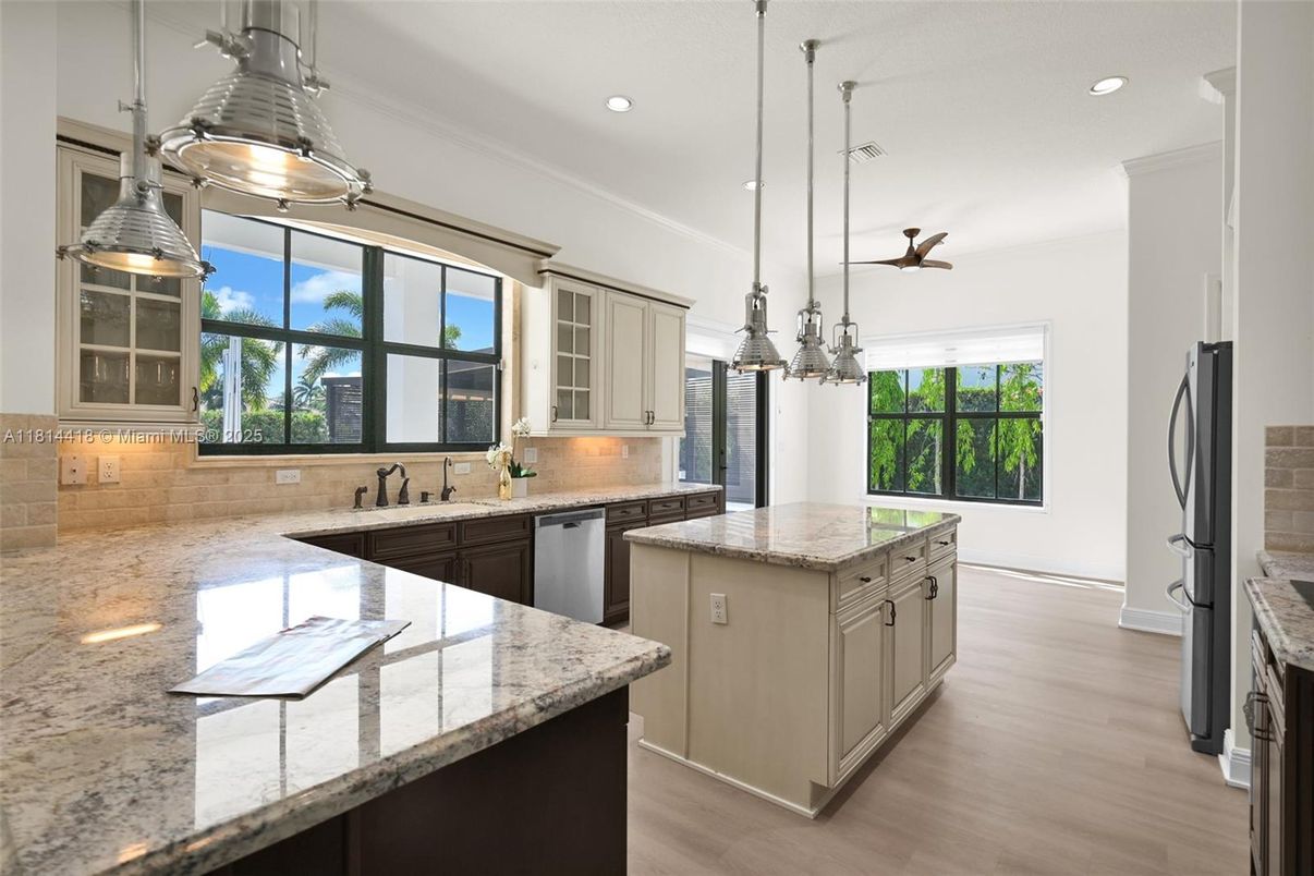 Interior, Kitchen, Pendant Lights, Recessed Lighting, Wood Texture Flooring