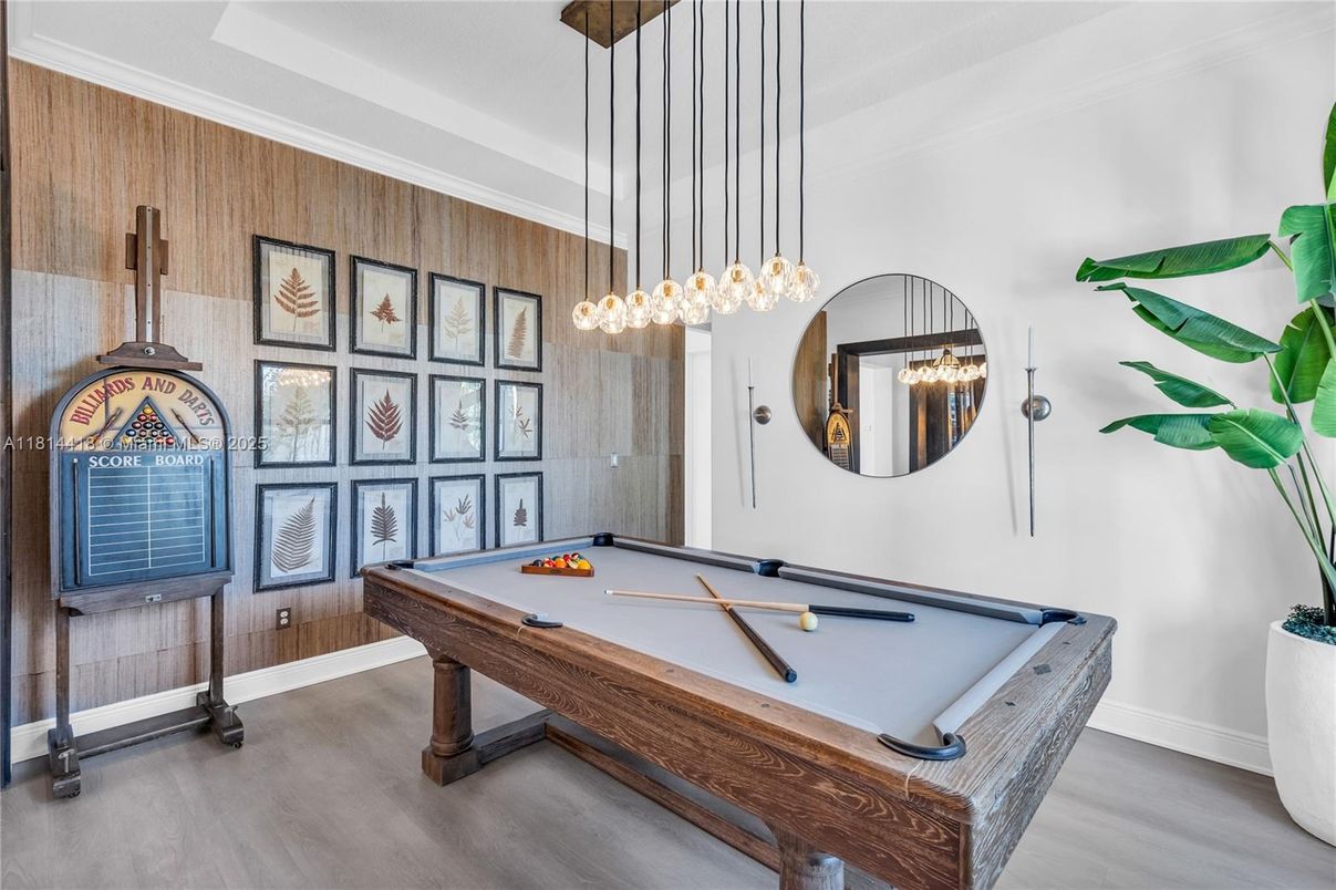 Billiard Table, Game Room, Interior, Pendant Lights, Wood Texture Flooring