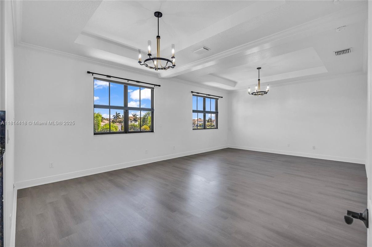 Chandelier, Empty room, Interior, Pendant Lights, Wood Texture Flooring