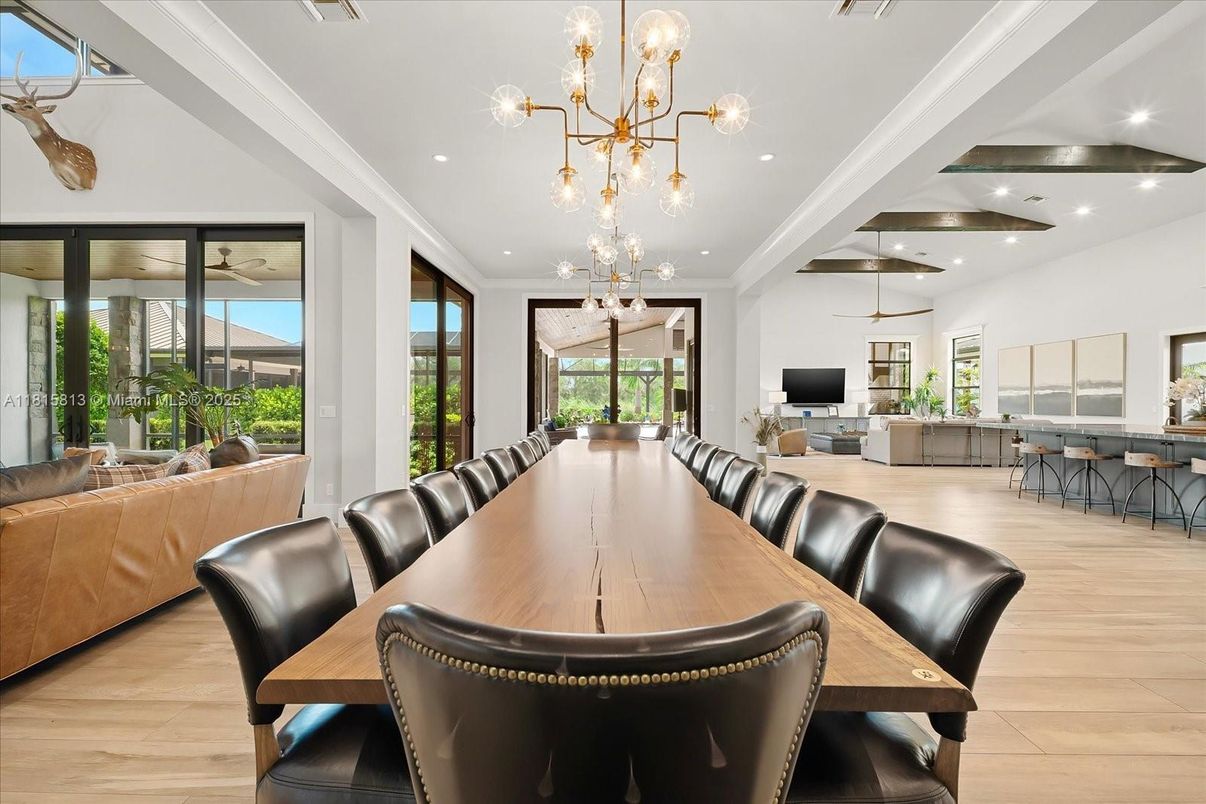 Dining room, Interior, Living room, Pendant Lights, Recessed Lighting, Water, Wood Texture Flooring