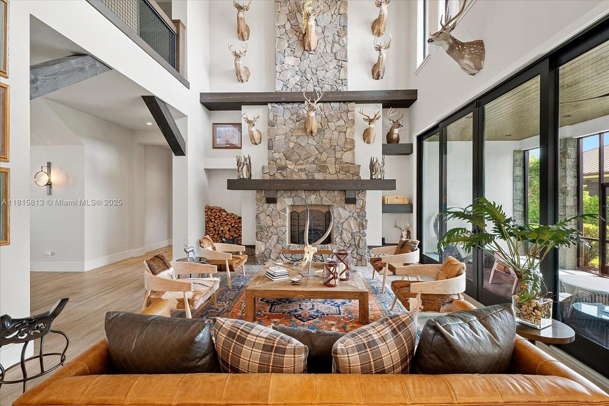 Fireplace, Interior, Living room, Stone Walls, Wood Texture Flooring