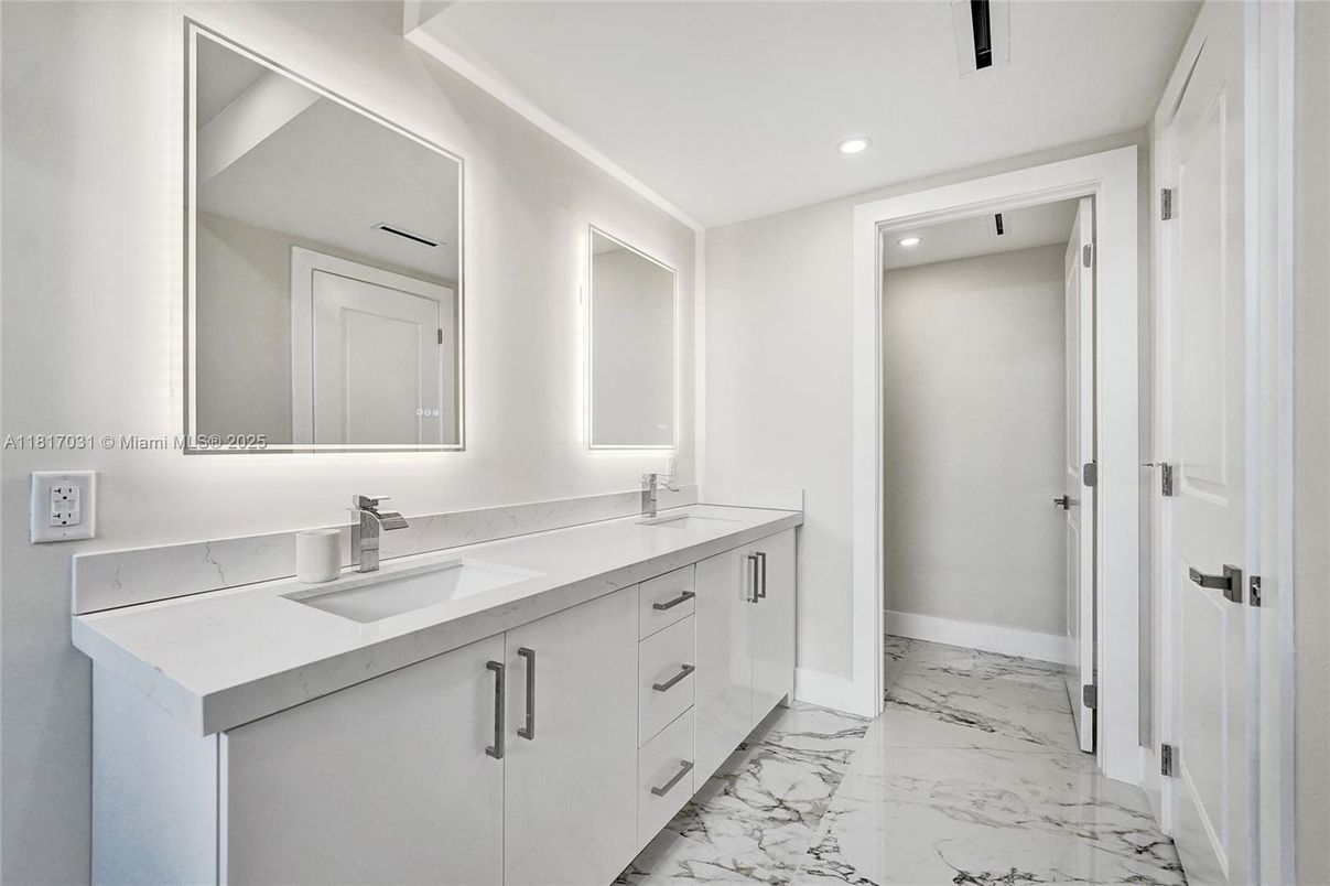 Bathroom, Dual Sink Vanities, Interior, Marble, Recessed Lighting