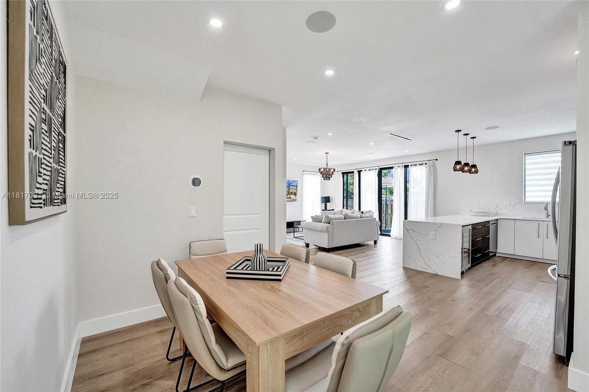 Dining room, Interior, Kitchen, Living room, Pendant Lights, Recessed Lighting, Wood Texture Flooring