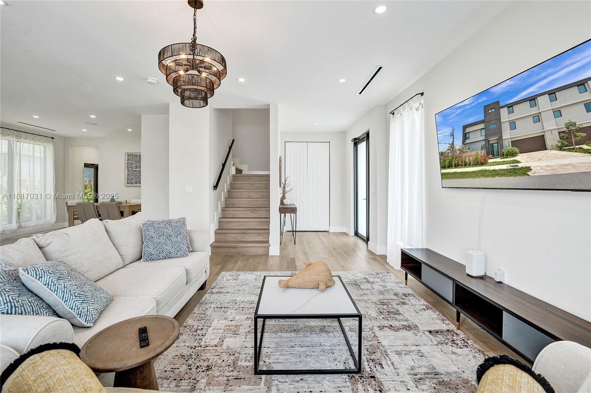 Chandelier, Interior, Living room, Recessed Lighting, Wood Texture Flooring