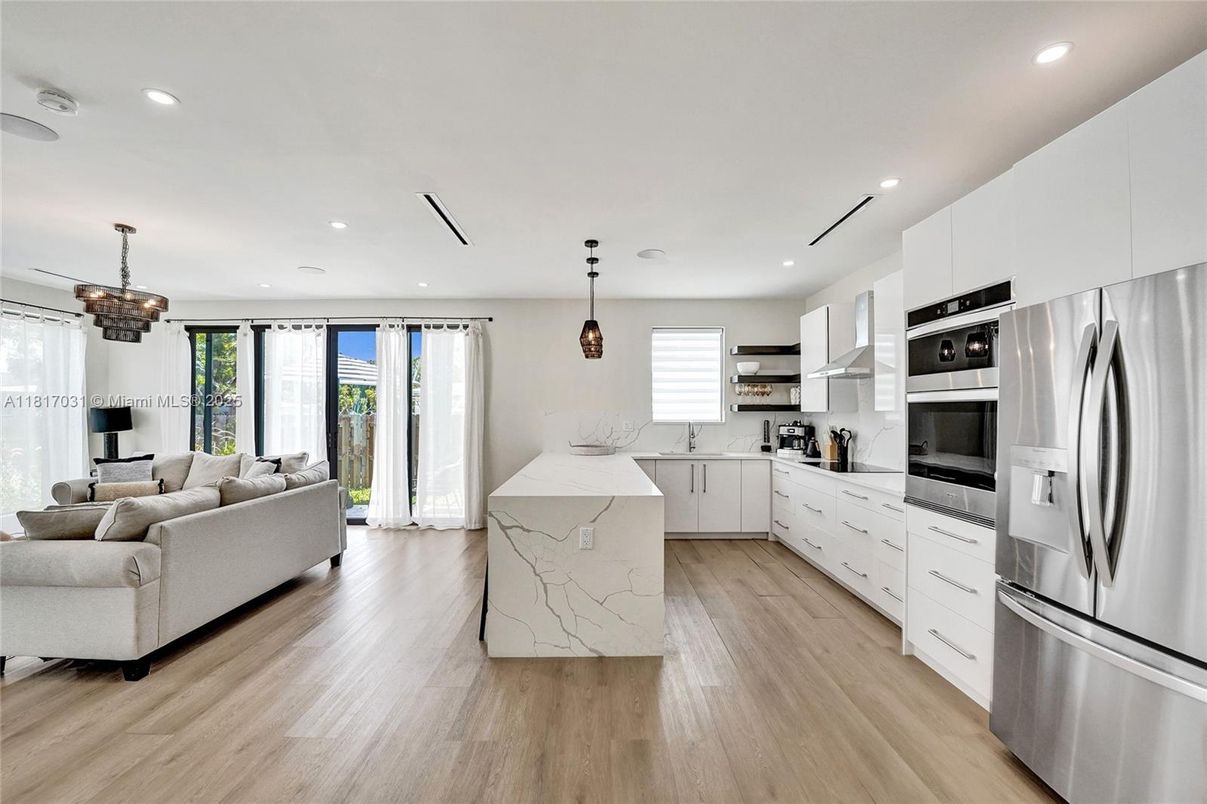 Interior, Kitchen, Living room, Pendant Lights, Recessed Lighting, Stainless Steel Appliances, Wood Texture Flooring