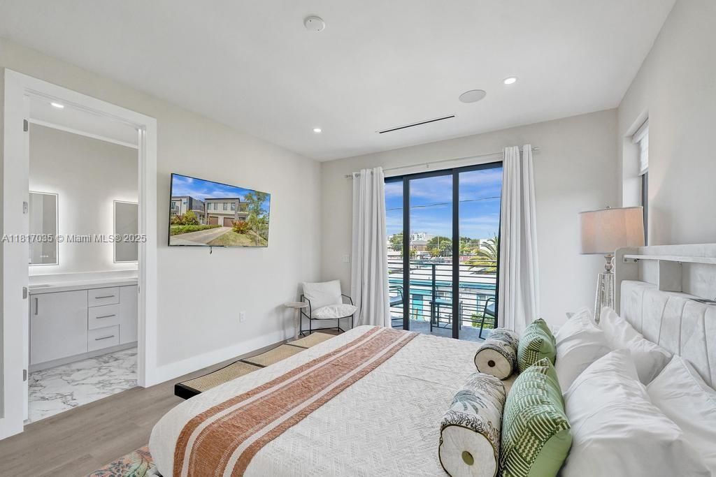 Bedroom, Interior, Marble, Recessed Lighting, Water, Wood Texture Flooring