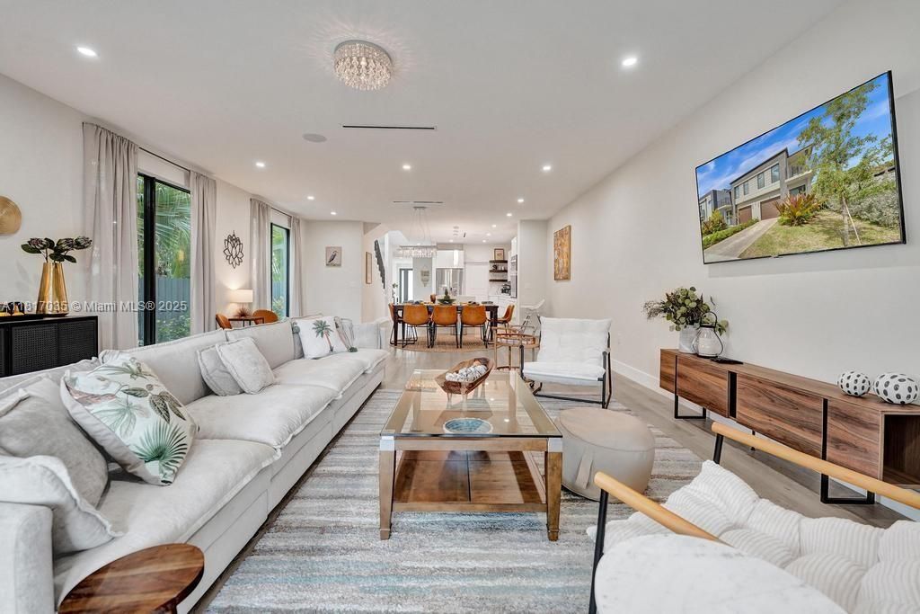 Dining room, Interior, Living room, Pendant Lights, Recessed Lighting, Wood Texture Flooring
