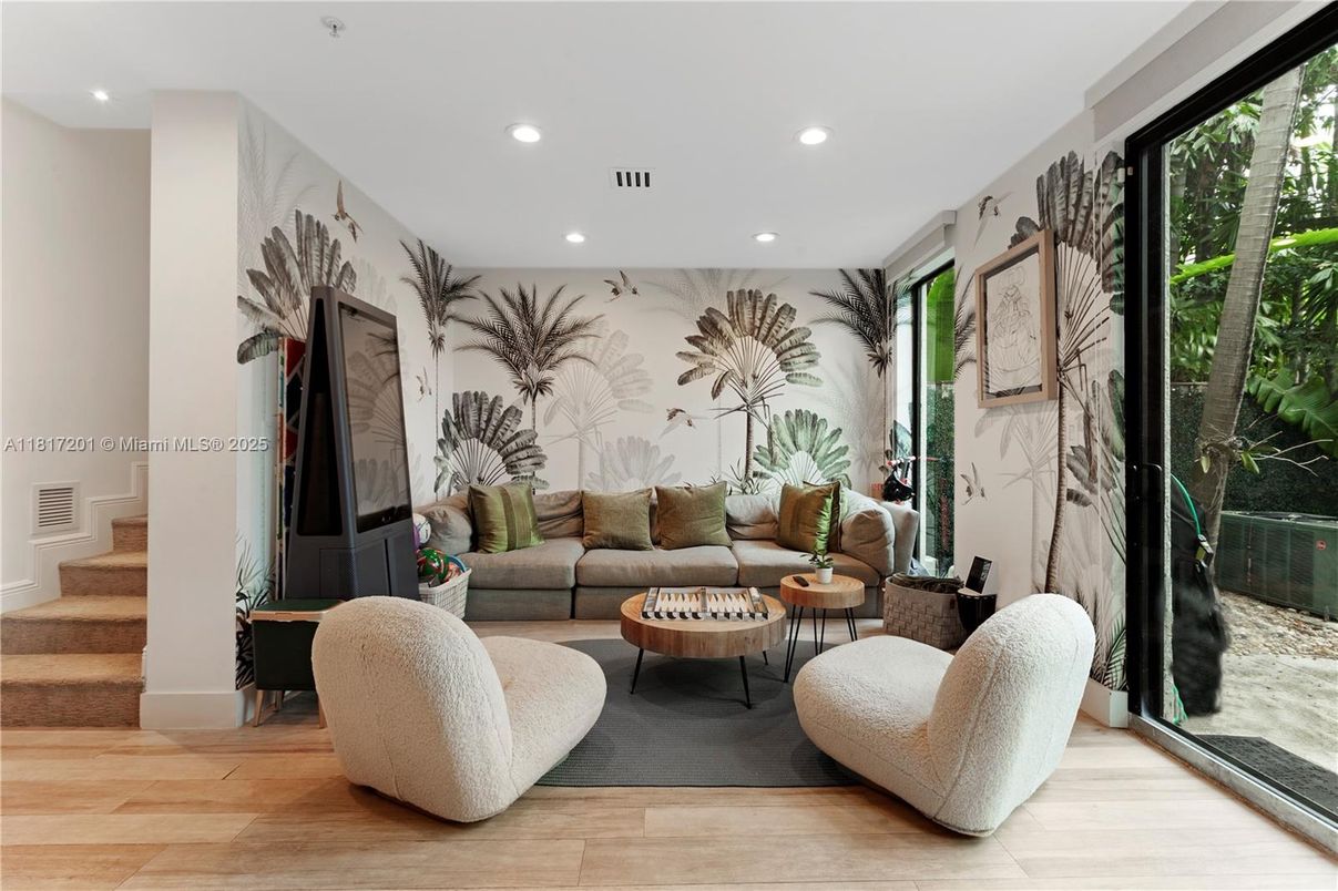 Interior, Living room, Marble Walls, Recessed Lighting, Wood Texture Flooring