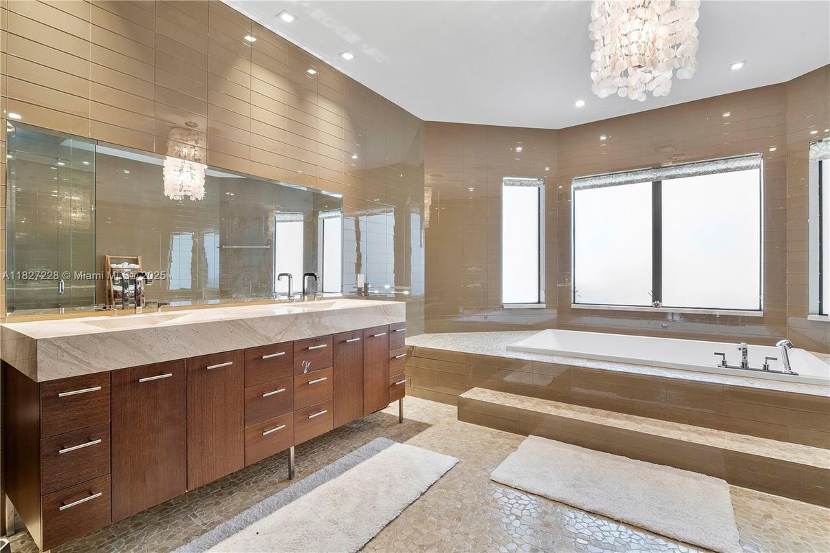 Bathroom, Chandelier, Dual Sink Vanities, Glass Shower, Interior, Recessed Lighting
