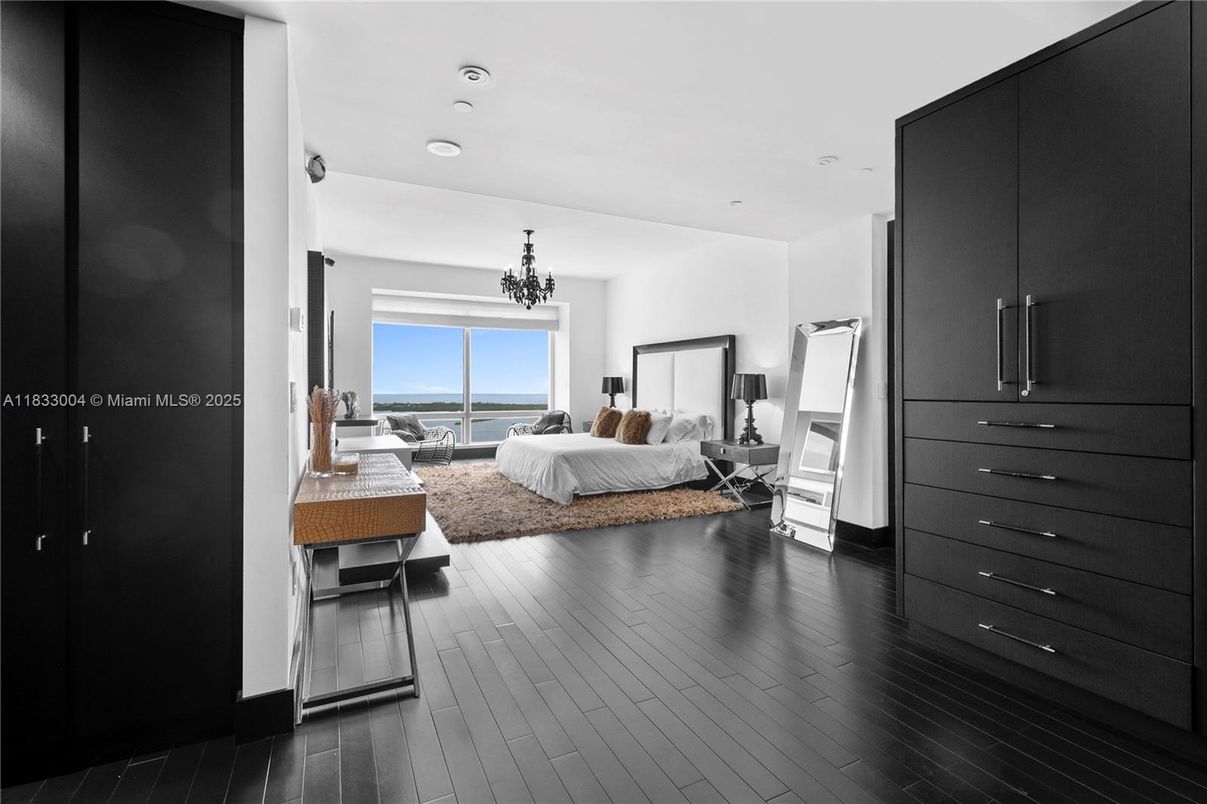 Bedroom, Chandelier, Interior, Recessed Lighting, Water, Wood Texture Flooring