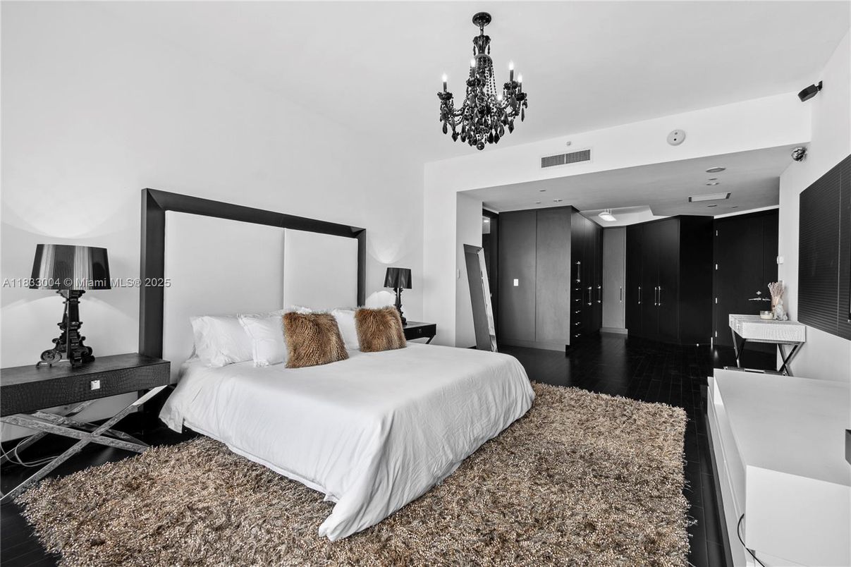 Bedroom, Chandelier, Interior, Recessed Lighting, Wood Texture Flooring