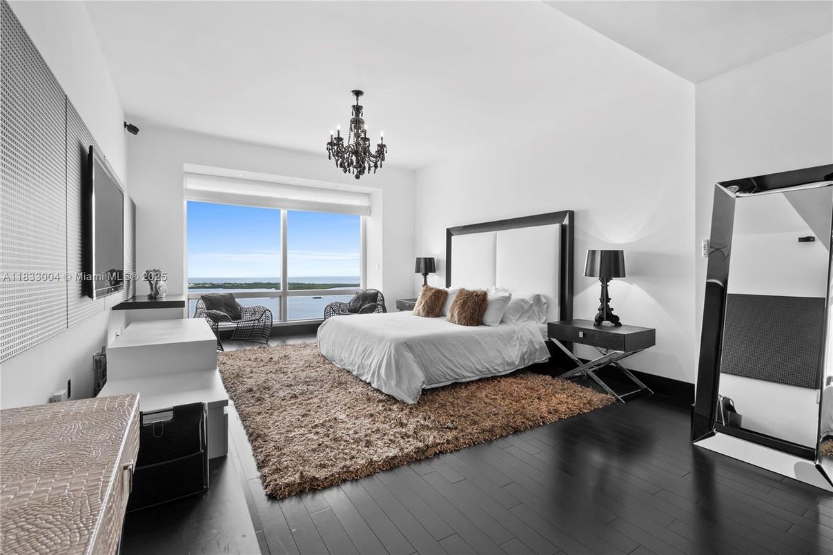 Bedroom, Chandelier, Interior, Water, Wood Texture Flooring