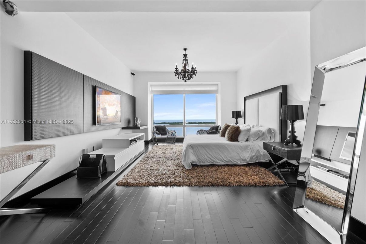 Bedroom, Chandelier, Fireplace, Interior, Water, Wood Texture Flooring