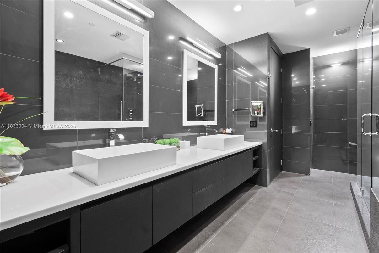 Bathroom, Dual Sink Vanities, Glass Shower, Interior, Recessed Lighting