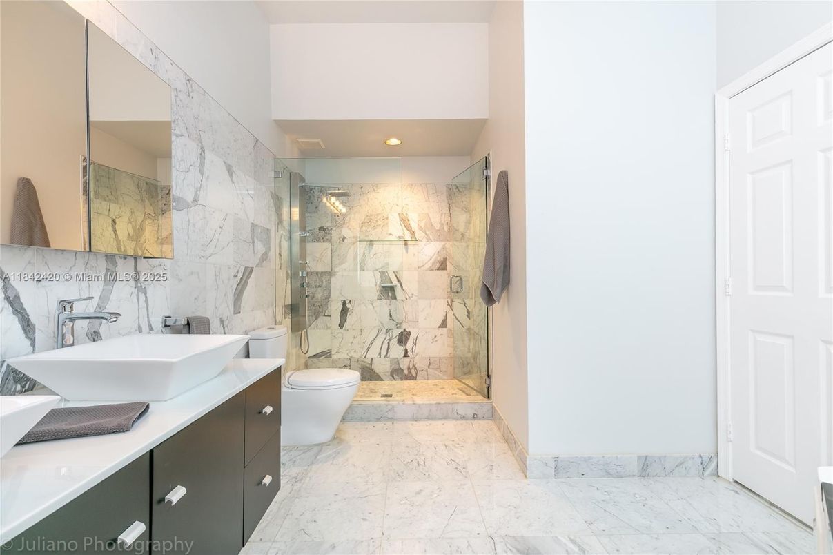 Bathroom, Glass Shower, Interior, Marble, Marble Walls, Recessed Lighting