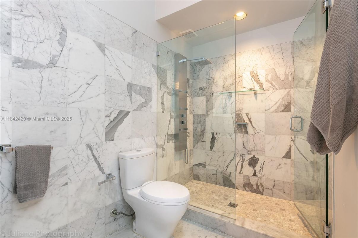 Bathroom, Glass Shower, Interior, Marble Walls, Recessed Lighting