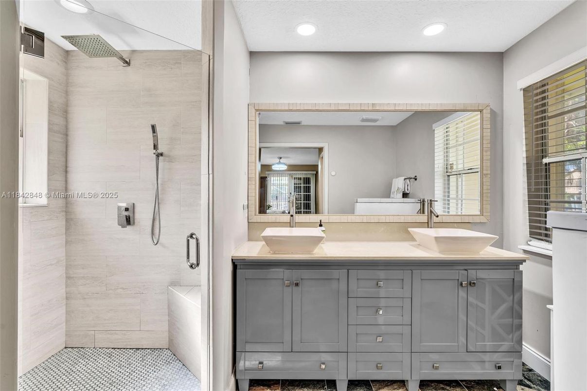 Bathroom, Dual Sink Vanities, Glass Shower, Interior, Recessed Lighting