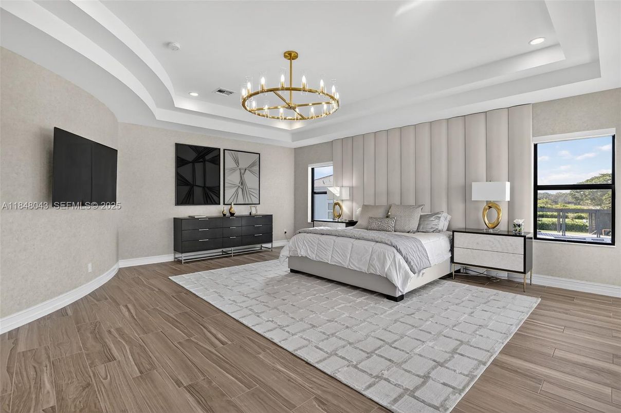 Bedroom, Interior, Pendant Lights, Recessed Lighting, Wood Texture Flooring