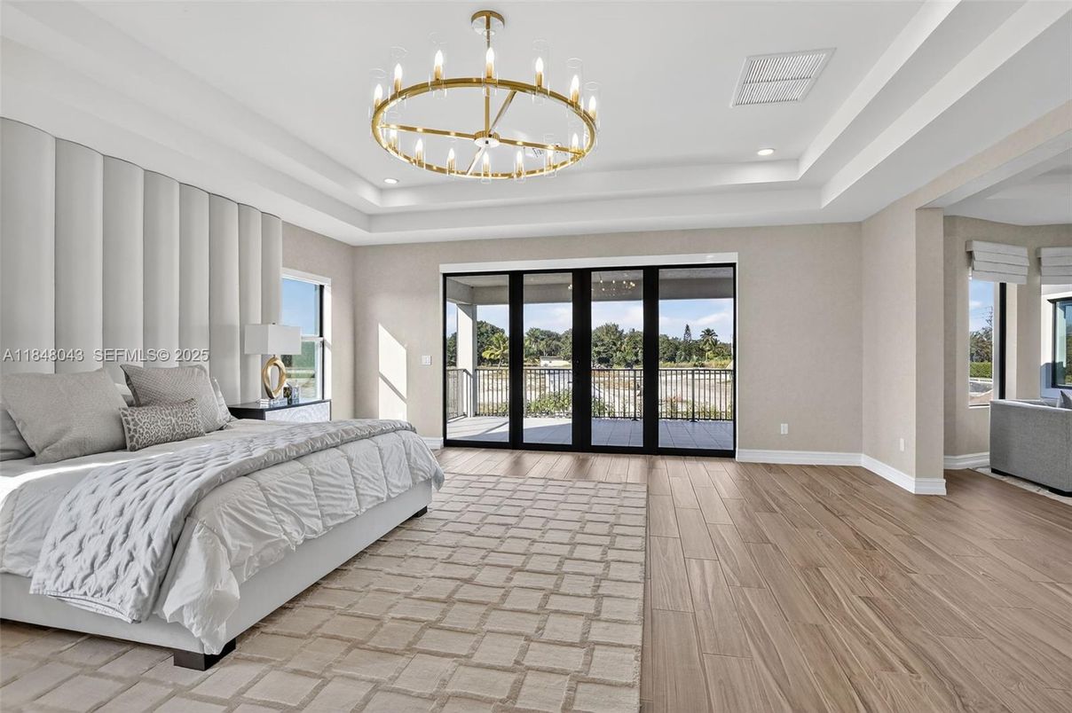 Bedroom, Chandelier, Interior, Recessed Lighting, Wood Texture Flooring