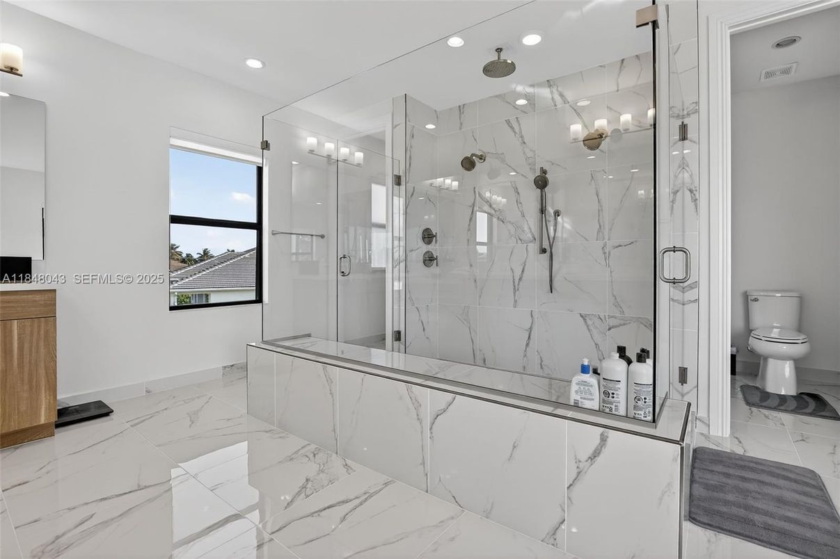 Bathroom, Glass Shower, Interior, Marble, Marble Walls, Recessed Lighting