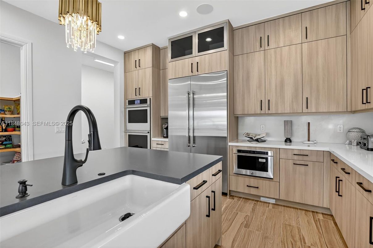 Chandelier, Interior, Kitchen, Recessed Lighting, Stainless Steel Appliances, Wood Texture Flooring