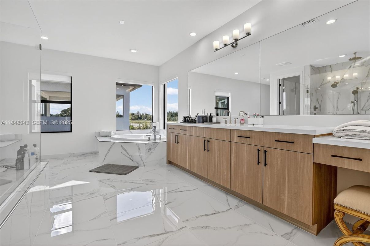Bathroom, Dual Sink Vanities, Interior, Marble, Recessed Lighting