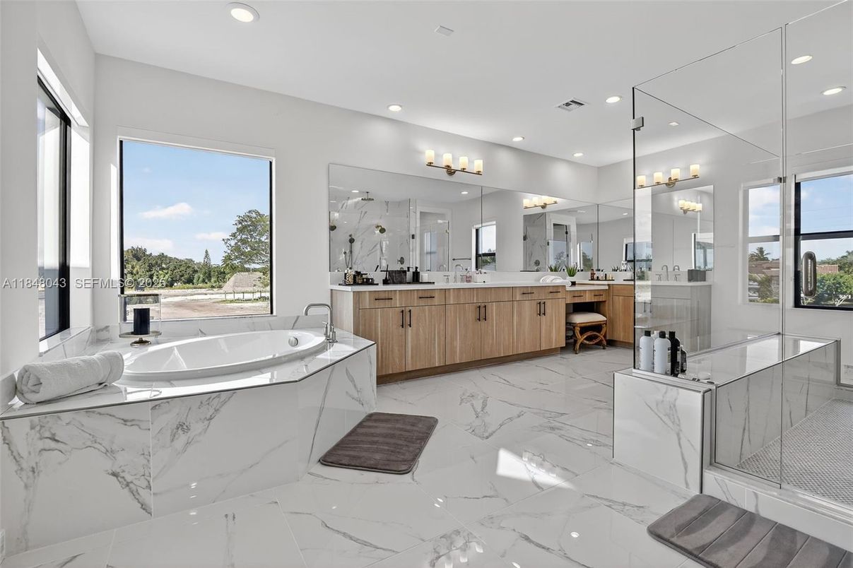 Bathroom, Dual Sink Vanities, Glass Shower, Interior, Marble, Recessed Lighting