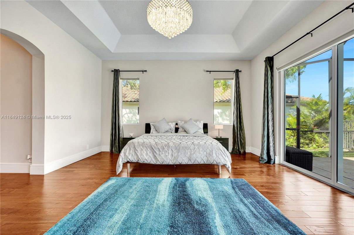 Bedroom, Chandelier, Interior, Wood Texture Flooring
