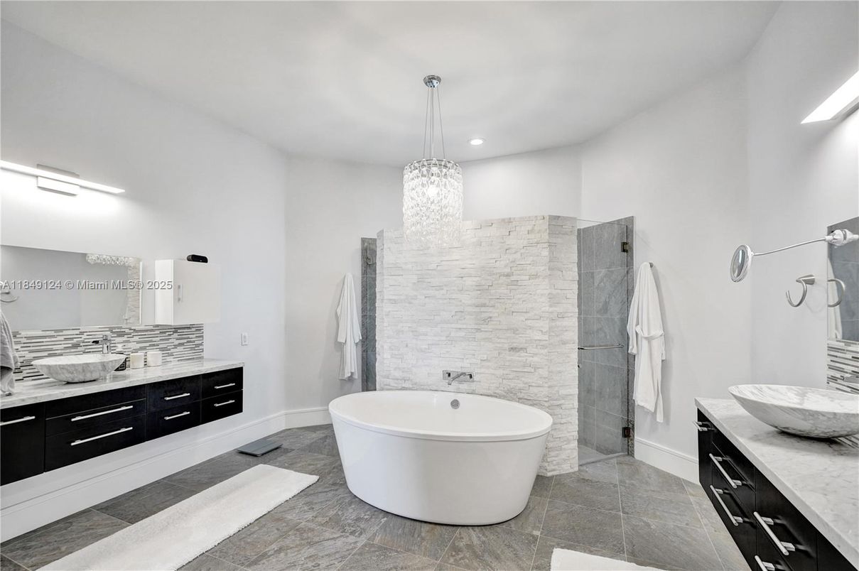 Bathroom, Chandelier, Dual Sink Vanities, Free Standing Baths, Interior, Pendant Lights, Recessed Lighting