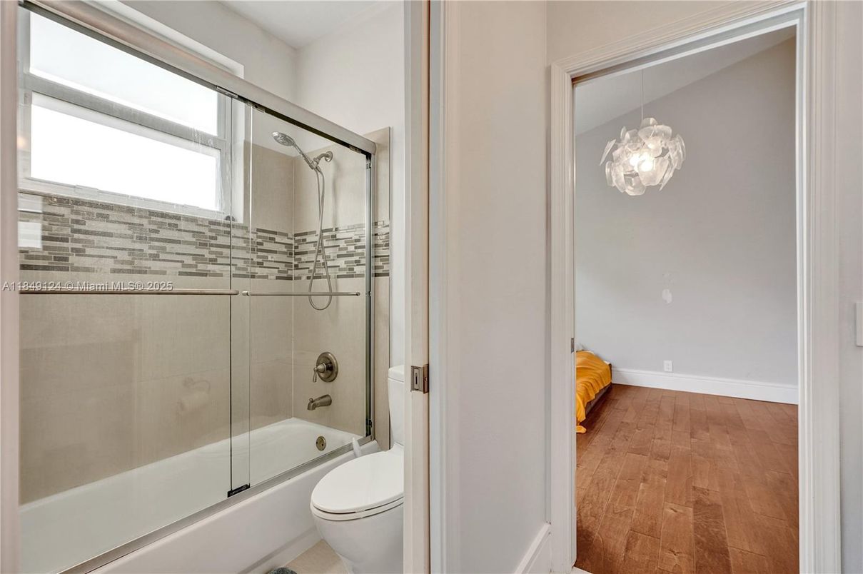 Bathroom, Glass Shower, Interior, Pendant Lights, Wood Texture Flooring
