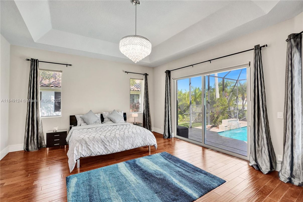 Bedroom, Chandelier, Interior, Wood Texture Flooring