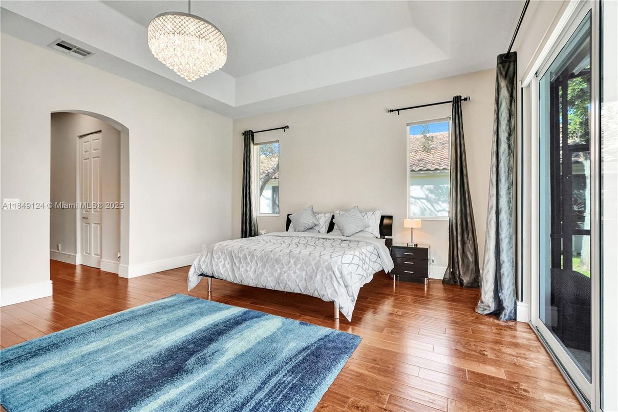 Bedroom, Chandelier, Interior, Wood Texture Flooring